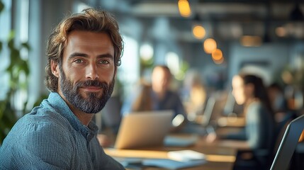 Fototapeta premium Design professionals collaborate on laptops in an office, emphasizing teamwork and the use of digital tools.