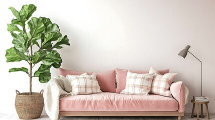 Cozy living room with pink sofa and potted plant.