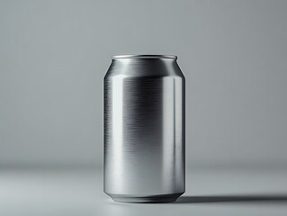 Realistic 3D Illustration: Sleek Silver Aluminum Can on a Clean Gray Background