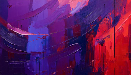 Purple and red poster with abstract, mottled textures. Modern aesthetic. Oil paint. Hand drawn art.