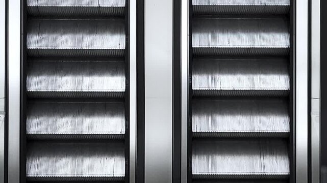 The steps of the escalator move, view from above. Empty steps of the escalator in the shopping center.
