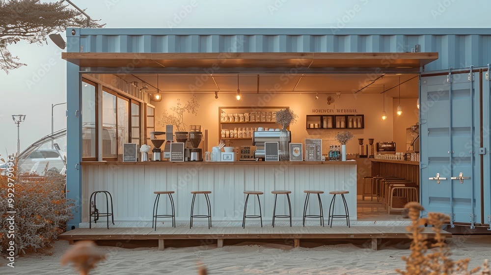 Poster a container coffee and milk tea shop is located by the seaside, with off-white as the main color, co
