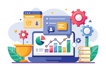 A colorful illustration featuring data graphs, gears, and charts representing digital analytics in a modern workspace, Customizable Semi Flat Illustration for Conversion Rate Optimization
