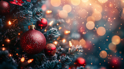 Christmas background. Christmas tree close up with blurred holiday lights, gifts and Christmas backdrops