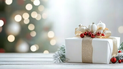 Elegant holiday gift wrapped in white, adorned with festive decorations, set against a blurred Christmas tree background