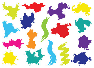 Paint blots. Splashes set for design use. Colorful grunge shapes collection. Dirty stains and silhouettes. Color ink splashes