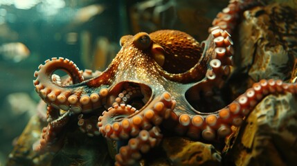 Obraz premium Octopus Enclosure: A dim, rocky tank showcasing a giant Pacific octopus, known for its intelligence and skillful camouflage, as it navigates its environment. 