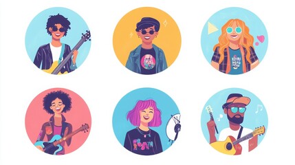 Fototapeta premium a set of illustrated avatars in circular frames showcasing diverse musicians and fans. One musician wears a leather jacket holding a guitar, a fan has short bobbed hair 