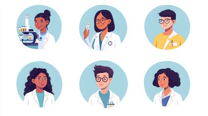 a set of illustrated avatars in circular frames showcasing diverse scientists and lab assistants. One scientist wears a lab coat holding a test tube, an assistant has shoulder-length hair 