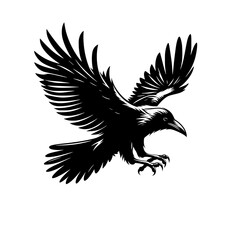 Vector logo of a flying raven. black and white illustration of a crow isolated on white background. can be used as a tattoo, emblem, logo.
