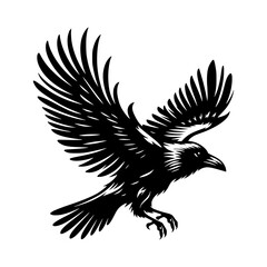 Vector logo of a flying raven. black and white illustration of a crow isolated on white background. can be used as a tattoo, emblem, logo.