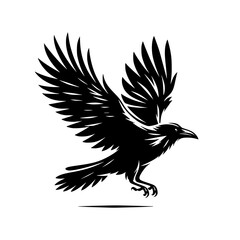 Vector logo of a flying raven. black and white illustration of a crow isolated on white background. can be used as a tattoo, emblem, logo.