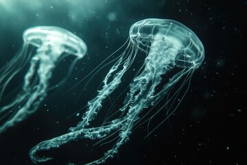 Jellyfish tentacle texture with translucent, glowing strands floating in dark water