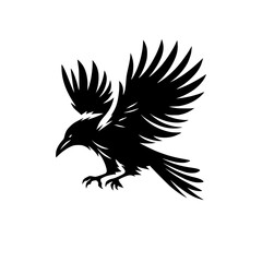 Vector logo of a flying raven. black and white illustration of a crow isolated on white background. can be used as a tattoo, emblem, logo.