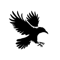 Vector logo of a flying raven. black and white illustration of a crow isolated on white background. can be used as a tattoo, emblem, logo.