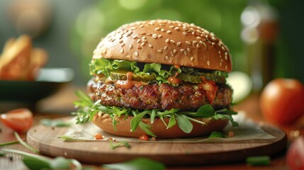 A beautifully plated vegan burger with fresh lettuce, tomato. Generative AI.