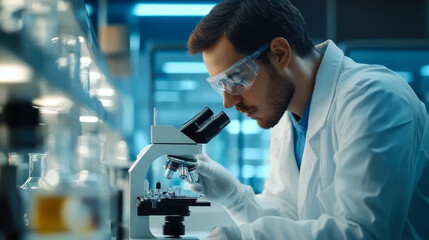 In a Modern Laboratory Two Scientists Conduct Experiments. Chief Research Scientist is Looking in a Microscope.