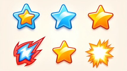 Fototapeta premium Casual mobile game icons, star and lightning bolt, bright colors, vector.