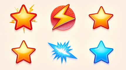 Obraz premium Star and lightning bolt game icons, cartoon style, simple shapes.