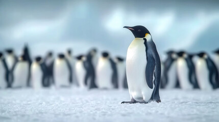 Obraz premium Group of king penguins coming back together from sea to beach with waves in the background