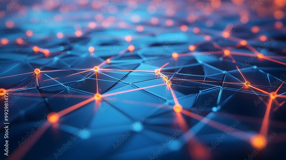 Poster abstract 3d network with orange glowing nodes and blue lines