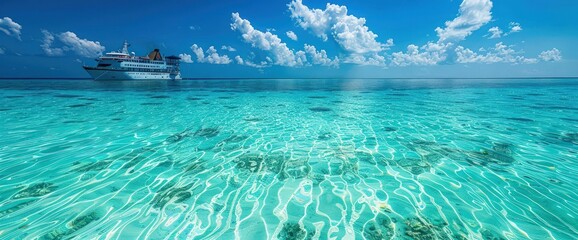 Obraz premium Cruise ship floating on the transparent, turquoise waters of the Maldives, under a perfect blue sky.
