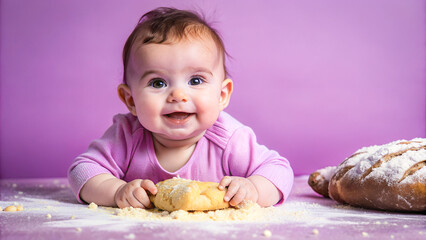 Joyful Moments: A Close-Up of a Baby's Delight with Dough and Freshly Baked Bread