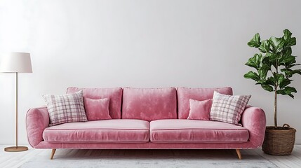 Cozy pink sofa with decorative pillows and a plant.