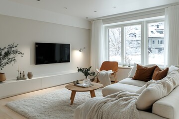 Cozy living room with modern decor and winter view.