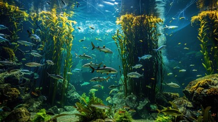 Fototapeta premium Kelp Forest: Explore a towering kelp forest exhibit, where vibrant strands of seaweed sway, providing a habitat for leopard sharks and colorful garibaldi fish. 