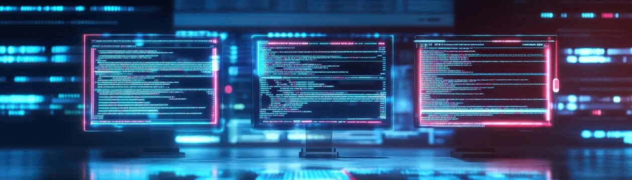 Virtual website builder, glowing holographic screens, code editor, futuristic office setting