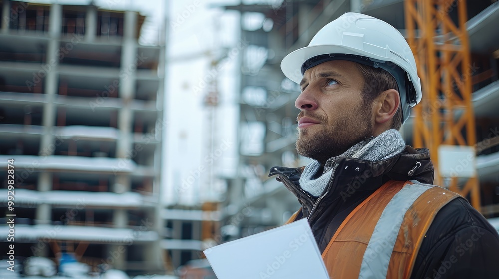 Poster a engineer wearing a white helmet in a construction site. generative ai.