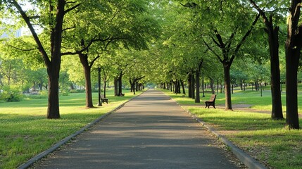 Fototapeta premium Exercise paths meander through a lush park, flanked by trees on both sides that create a canopy of greenery. 
