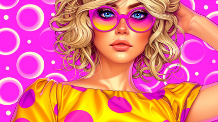 Obraz premium A woman with blue eyes and blonde hair is wearing a yellow polka dot dress and sunglasses. The image is a colorful and playful representation of a woman in a summery outfit
