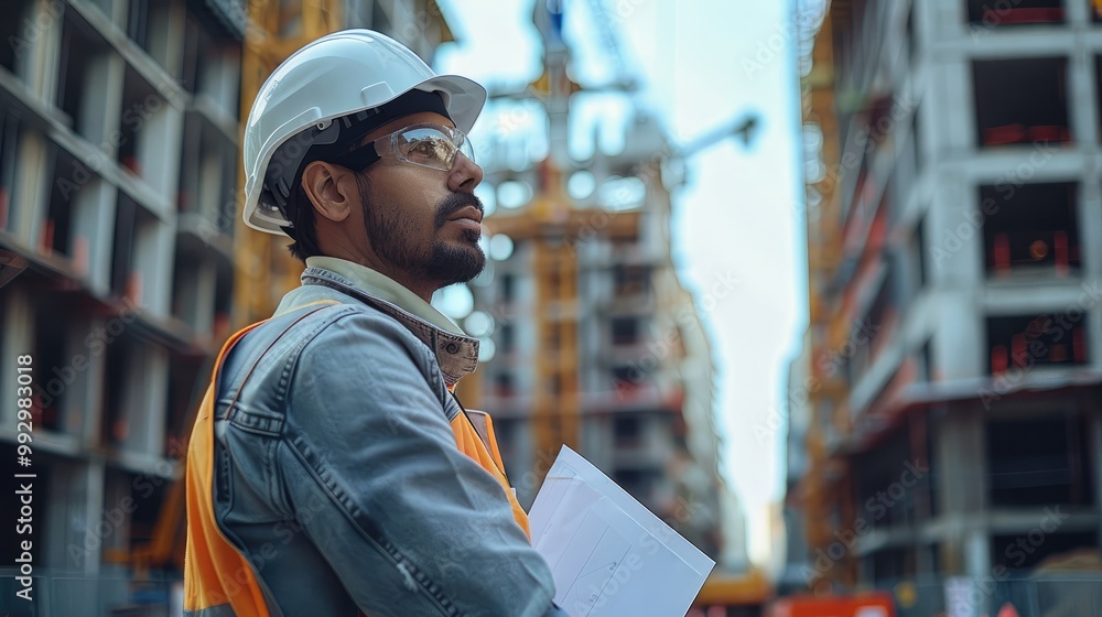 Poster A engineer wearing a white helmet in a construction site. Generative AI.