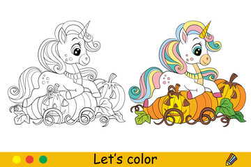 Fototapeta premium Halloween coloring cute unicorn on a pumpkins vector illustration