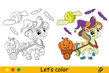 Halloween coloring cute unicorn and cart vector illustration