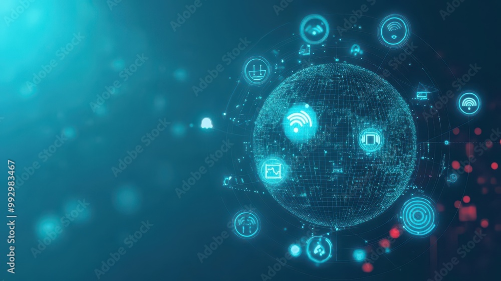 Aufkleber Wireless network icons floating over a globe, 3D illustration