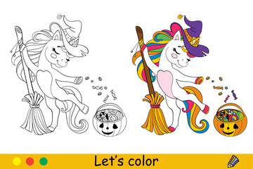 Halloween coloring cute dancing unicorn witch vector illustration