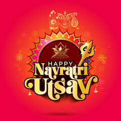 Indian festival, Happy Navratri utsav, kalash sthapana and Devi Durga Puja logo and background.