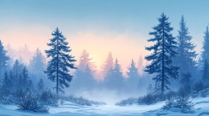 Fototapeta premium A snowy, wintery forest bathed in the soft light of dawn.