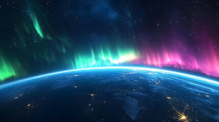 Fototapeta premium A Stunning View of Aurora Borealis Seen from Space with Vivid Waves of Light Dancing Across Earth's Atmosphere