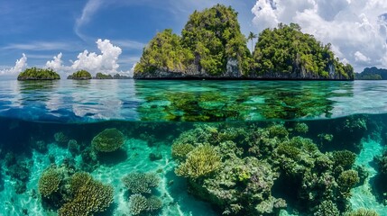 Naklejka premium A striking view of a huge Scorpena, or scorpion fish, is showcased against the vibrant underwater backdrop of Arborek Island in Raja Ampat, Indonesia.