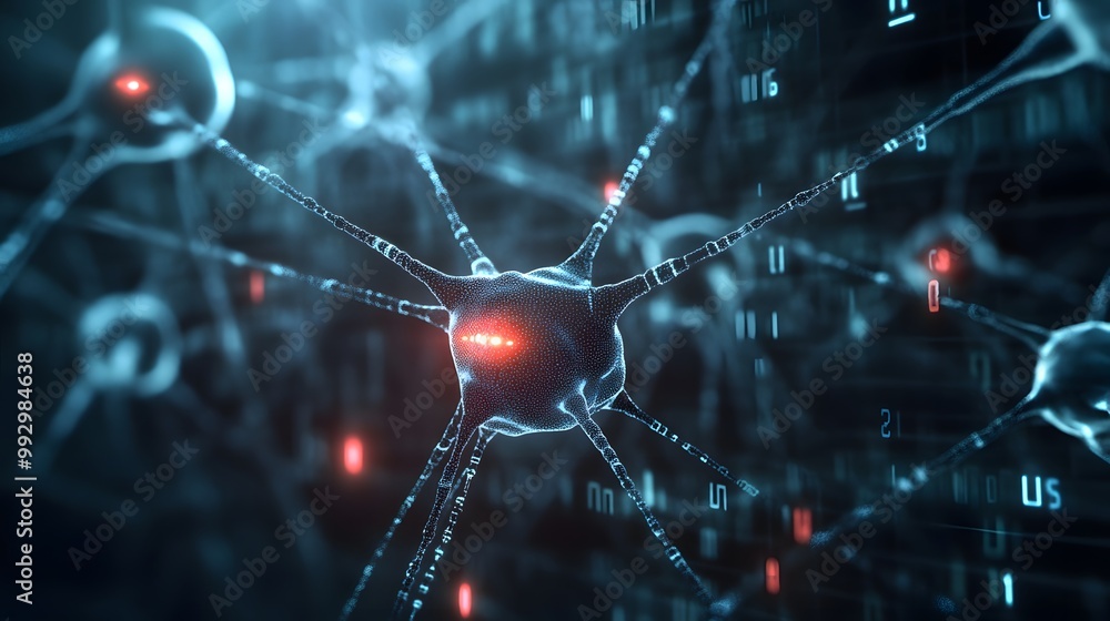 Poster a digital representation of a neuron with glowing axons and dendrites