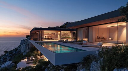 Fototapeta premium Modern coastal villa with a sleek design and breathtaking views of the rugged coastline
