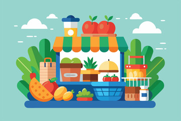 A vibrant grocery shop display features fresh fruits, vegetables, and unique items in a cheerful setting, Customizable semi-flat illustration for grocery shopping.