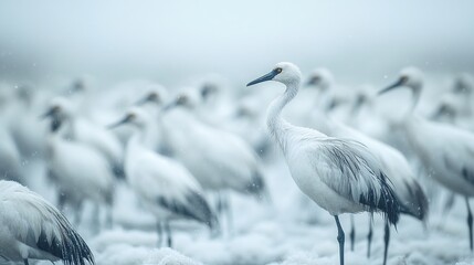Obraz premium Overwintering Grus japonensis, also known as the Japanese crane or red-crowned crane, is a breathtaking sight in its natural habitat. 