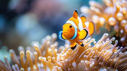 Clownfish and Anemone: Witness the lively interaction of orange-and-white clownfish swimming among the waving tentacles of sea anemones, highlighting their mutual bond.
