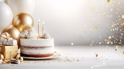 Birthday cake with candles burning near balloons and gift boxes on white background with falling confetti