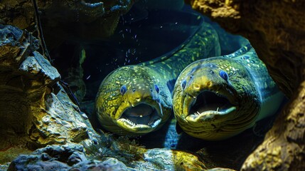 Moray Eel Cave: A captivating tank with rocky formations, housing green and snowflake moray eels that showcase their sharp teeth and snake-like movements.
